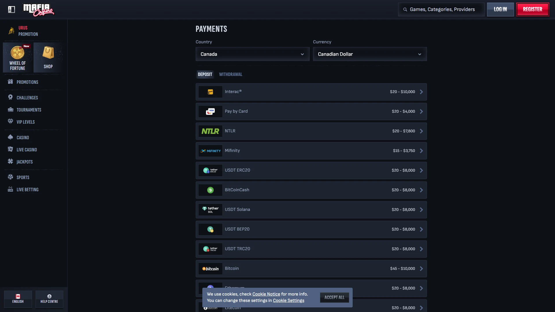 Mafia Casino payment methods